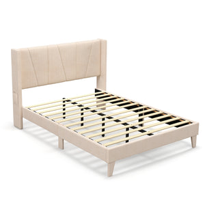 Queen-size upholstered bed frame with geometric wingback headboard - Queen size