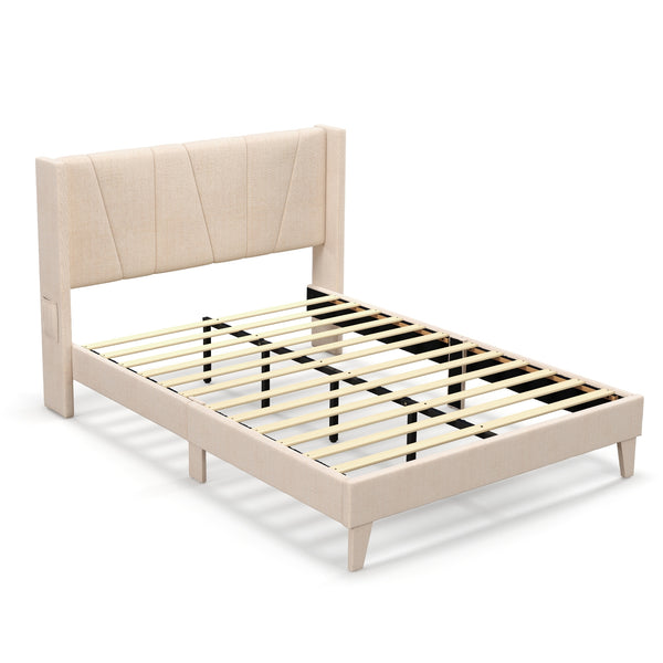 Queen-size upholstered bed frame with geometric wingback headboard - Queen size