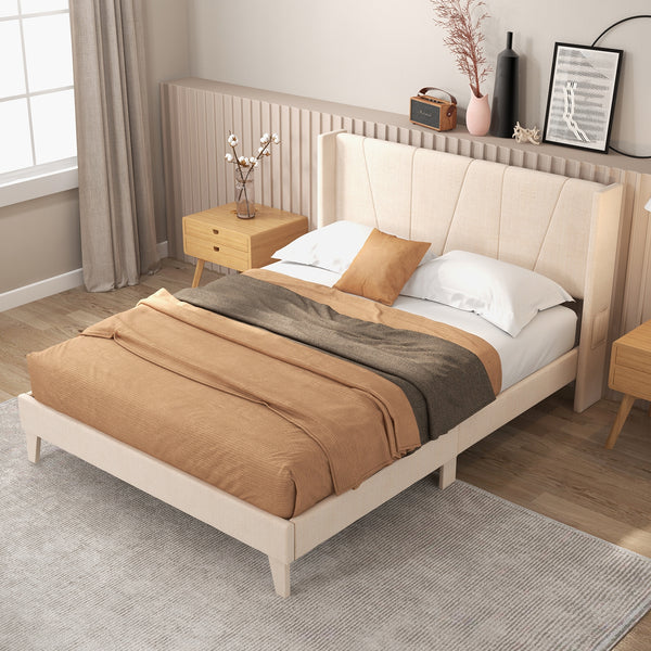 Queen-size upholstered bed frame with geometric wingback headboard - Queen size