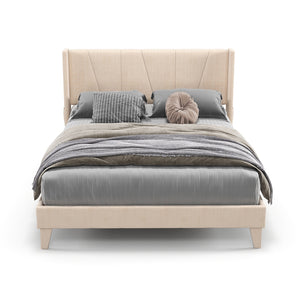 Queen-size upholstered bed frame with geometric wingback headboard - Queen size