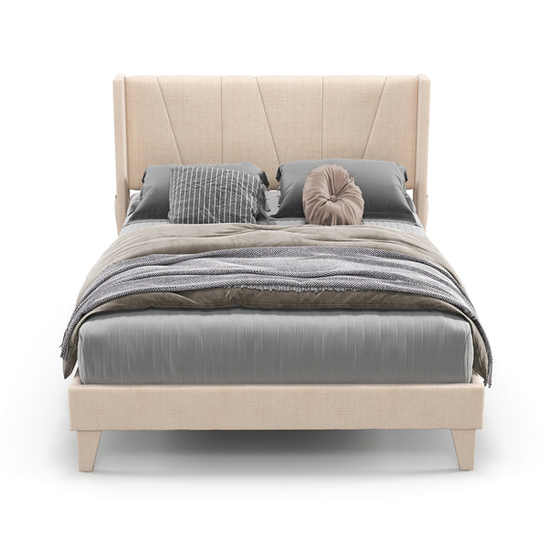 Queen-size upholstered bed frame with geometric wingback headboard - Queen size
