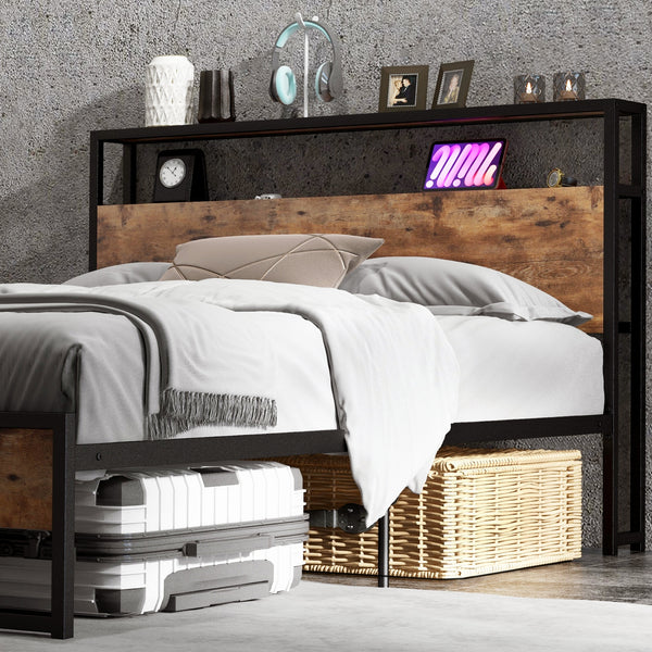 Double bed frame with 2-level headboard and charging station - Double size