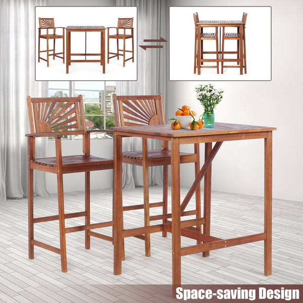 3-piece acacia wood patio bar set with sunflower pattern backrest