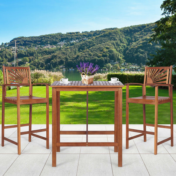 3-piece acacia wood patio bar set with sunflower pattern backrest