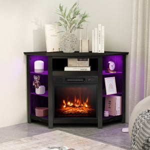 Corner TV stand with fireplace, LED lights, and smart app control for 50-inch TVs - Black