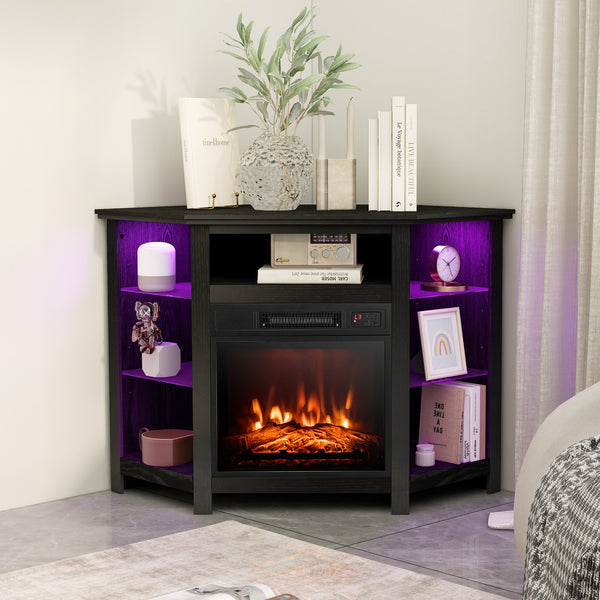 Corner TV stand with fireplace, LED lights, and smart app control for 50-inch TVs - Black
