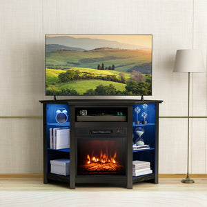 Corner TV stand with fireplace, LED lights, and smart app control for 50-inch TVs - Black