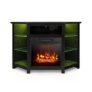 Corner TV stand with fireplace, LED lights, and smart app control for 50-inch TVs - Black