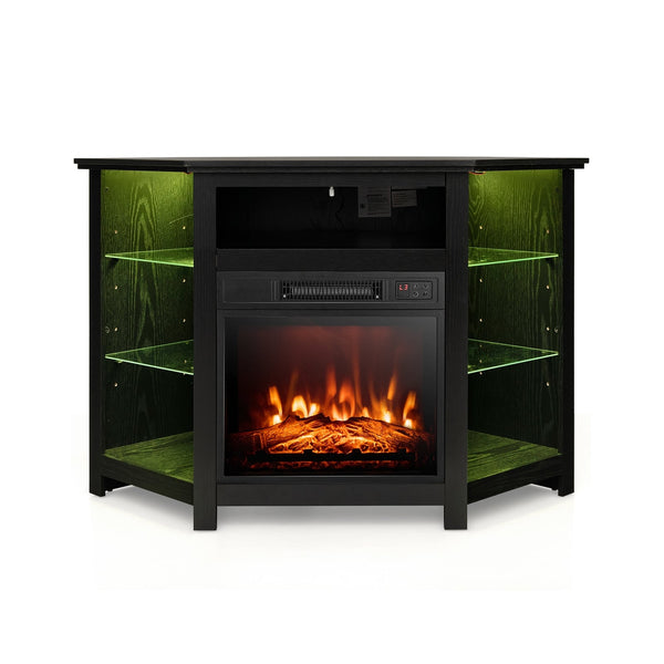 Corner TV stand with fireplace, LED lights, and smart app control for 50-inch TVs - Black