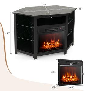 Corner TV stand with fireplace, LED lights, and smart app control for 50-inch TVs - Black