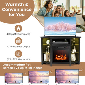 Corner TV stand with fireplace, LED lights, and smart app control for 50-inch TVs - Black