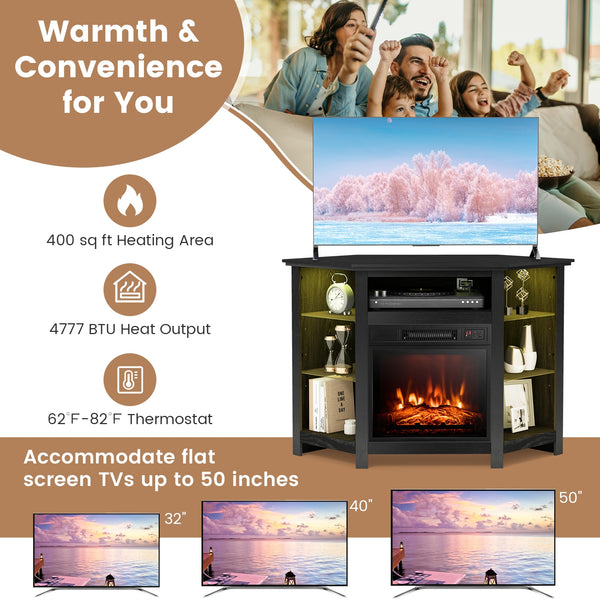Corner TV stand with fireplace, LED lights, and smart app control for 50-inch TVs - Black