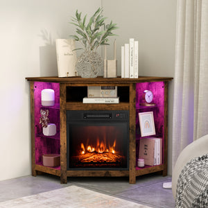 Corner TV stand with fireplace, LED lights, and smart app control for 50-inch TVs - Black