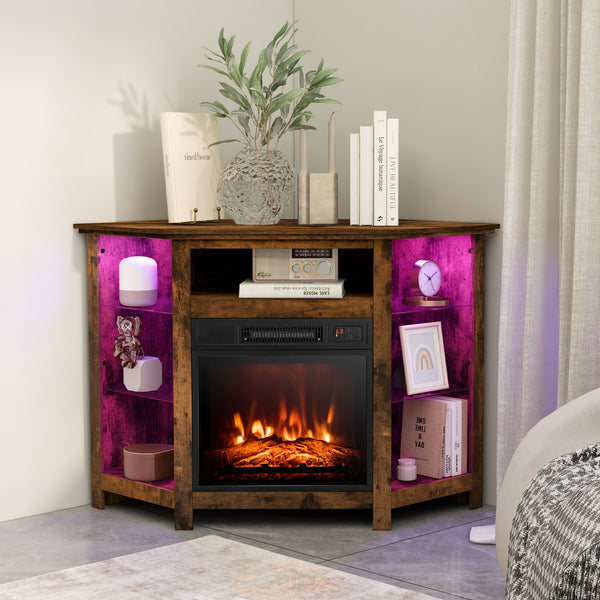 Corner TV stand with fireplace, LED lights, and smart app control for 50-inch TVs - Black