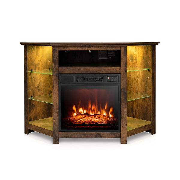 Corner TV stand with fireplace, LED lights, and smart app control for 50-inch TVs - Black