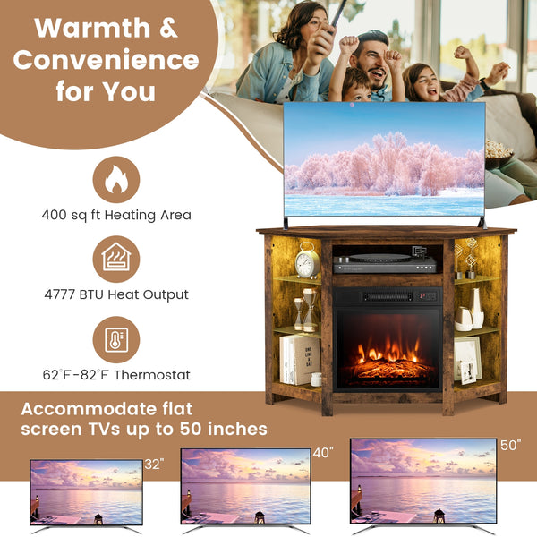 Corner TV stand with fireplace, LED lights, and smart app control for 50-inch TVs - Black