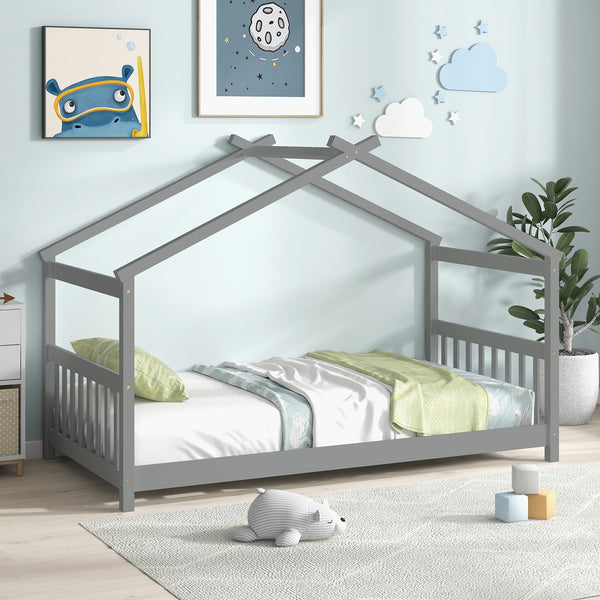 Wooden cabin-style single bed for children with a roof
