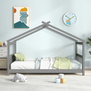 Wooden cabin-style single bed for children with a roof
