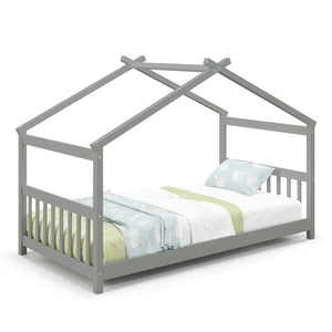 Wooden cabin-style single bed for children with a roof