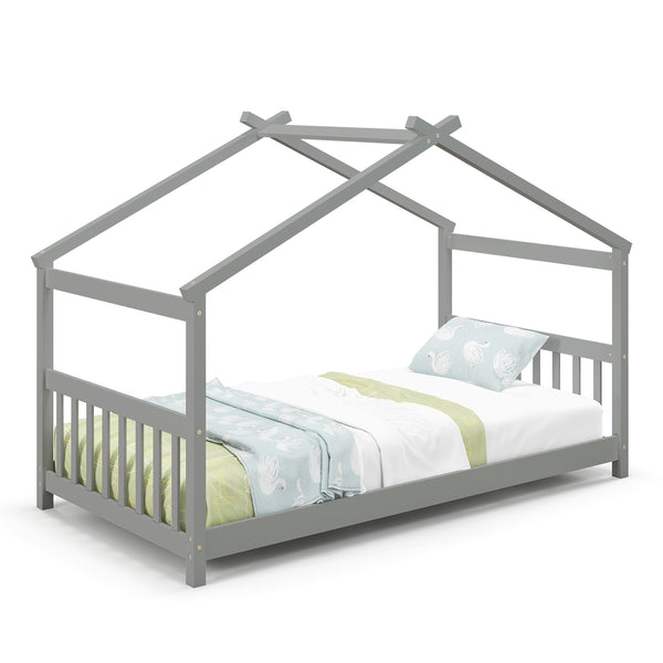 Wooden cabin-style single bed for children with a roof