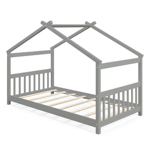 Wooden cabin-style single bed for children with a roof