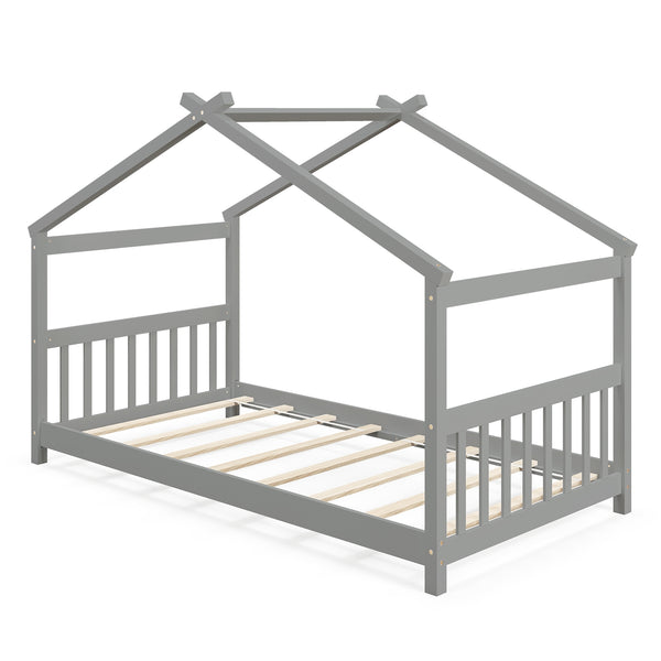 Wooden cabin-style single bed for children with a roof