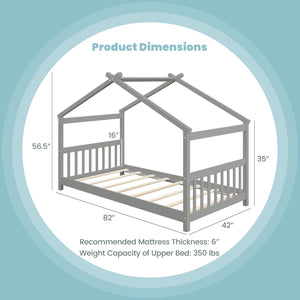 Wooden cabin-style single bed for children with a roof
