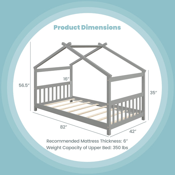 Wooden cabin-style single bed for children with a roof