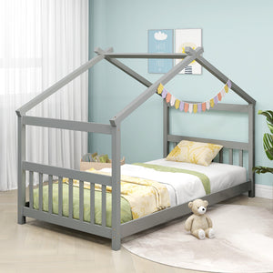 Wooden cabin-style single bed for children with a roof