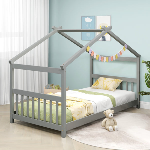 Wooden cabin-style single bed for children with a roof