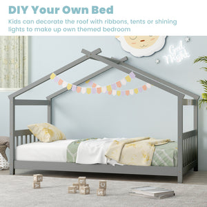 Wooden cabin-style single bed for children with a roof