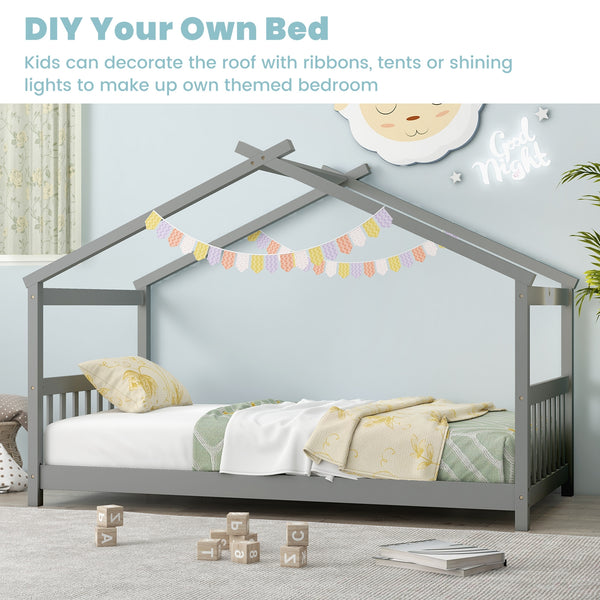 Wooden cabin-style single bed for children with a roof