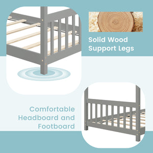 Wooden cabin-style single bed for children with a roof