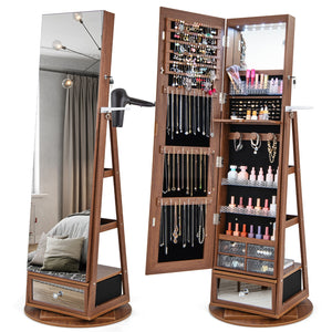 360° Rotating Lockable Jewelry Cabinet with Full-Length Mirror and LED Lights - Walnut