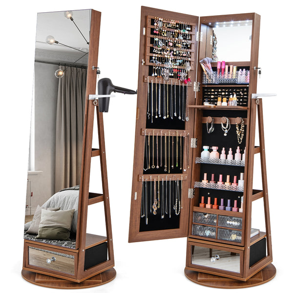 360° Rotating Lockable Jewelry Cabinet with Full-Length Mirror and LED Lights - Walnut