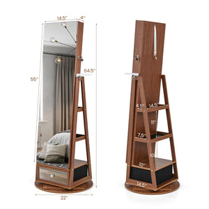 360° Rotating Lockable Jewelry Cabinet with Full-Length Mirror and LED Lights - Walnut