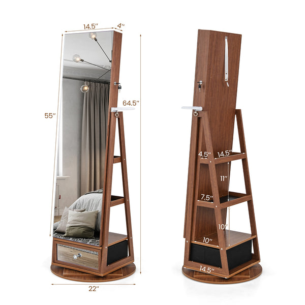 360° Rotating Lockable Jewelry Cabinet with Full-Length Mirror and LED Lights - Walnut