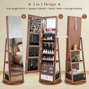 360° Rotating Lockable Jewelry Cabinet with Full-Length Mirror and LED Lights - Walnut