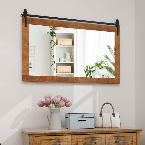 Miroir mural rectangulaire de 40 po x 26 po de style porte de grange avec cadre en bois massif et support en métal - Marron