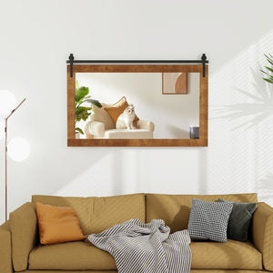 Miroir mural rectangulaire de 40 po x 26 po de style porte de grange avec cadre en bois massif et support en métal - Marron