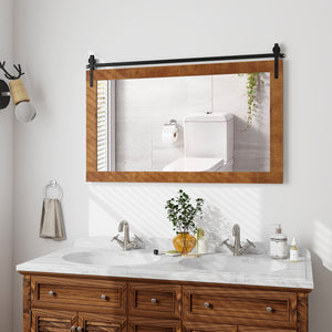 Miroir mural rectangulaire de 40 po x 26 po de style porte de grange avec cadre en bois massif et support en métal - Marron