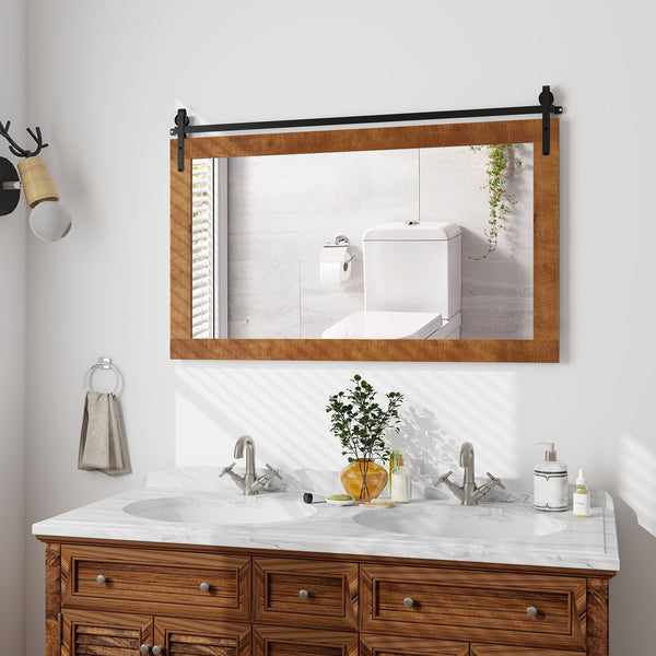 Miroir mural rectangulaire de 40 po x 26 po de style porte de grange avec cadre en bois massif et support en métal - Marron