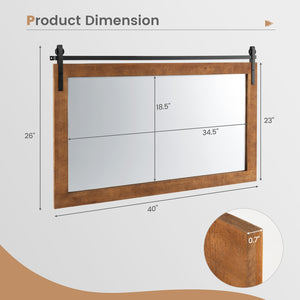 Miroir mural rectangulaire de 40 po x 26 po de style porte de grange avec cadre en bois massif et support en métal - Marron