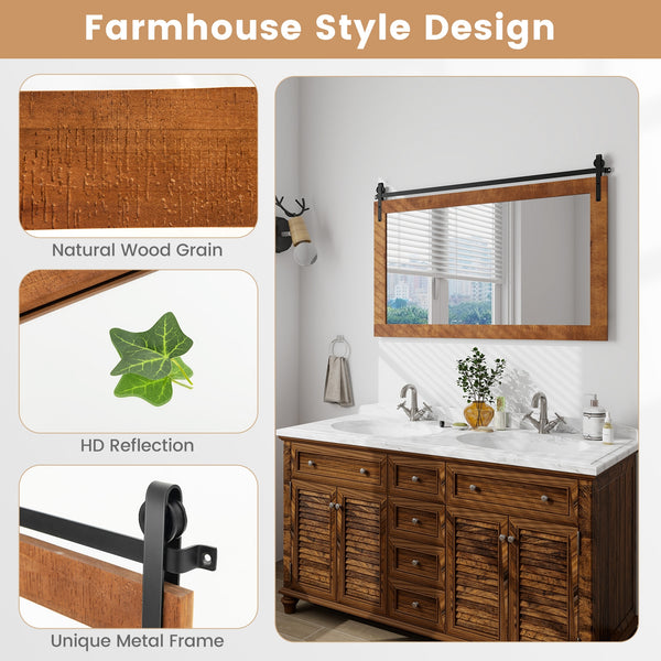 Miroir mural rectangulaire de 40 po x 26 po de style porte de grange avec cadre en bois massif et support en métal - Marron