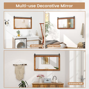 Miroir mural rectangulaire de 40 po x 26 po de style porte de grange avec cadre en bois massif et support en métal - Marron