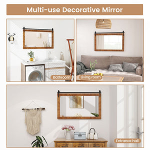 Miroir mural rectangulaire de 40 po x 26 po de style porte de grange avec cadre en bois massif et support en métal - Marron