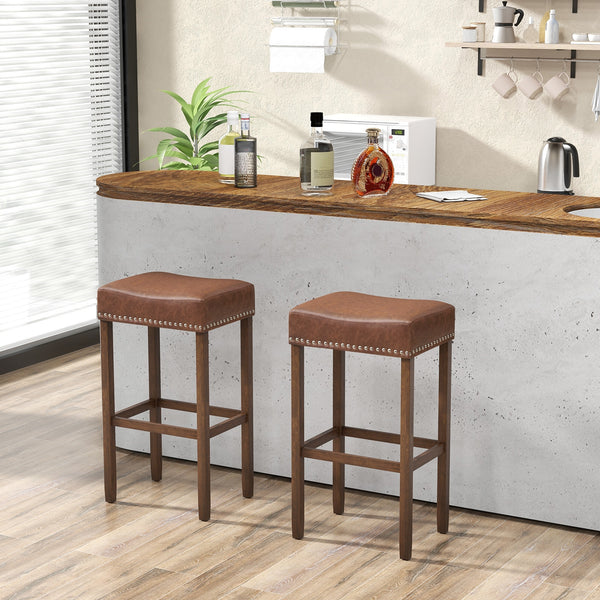 Set of 2 padded bar stools with footrests for countertop use - Brown