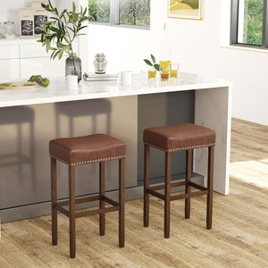 Set of 2 padded bar stools with footrests for countertop use - Brown