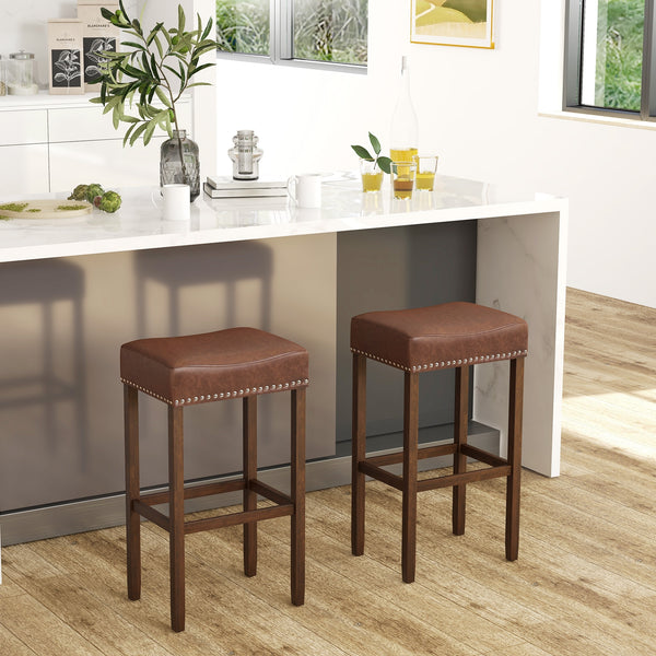 Set of 2 padded bar stools with footrests for countertop use - Brown