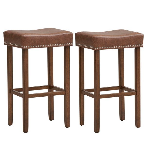 Set of 2 padded bar stools with footrests for countertop use - Brown